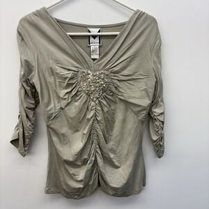 Marc Bouwer Womens Top Sz S V Neck Front Ruching Quarter Sleeve Blouse Heart Y2K
